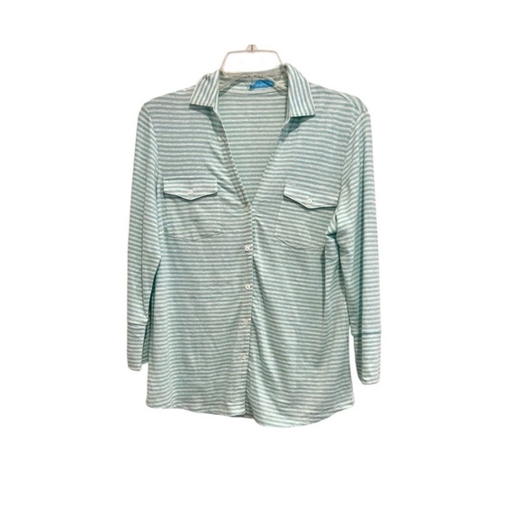 J. McLaughlin Brynn Linen Knit Top Blue Striped Button Shirt Size M 3/4 Sleeve - Picture 1 of 4